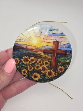 Sunflower Cross Stained-Glass Style Round Art Ornament - Yellow